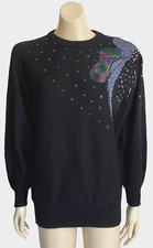Vtg 90s Game Soft Acrylic Blend Jumper Sz M 12 Applique Beads Round Neck Black
