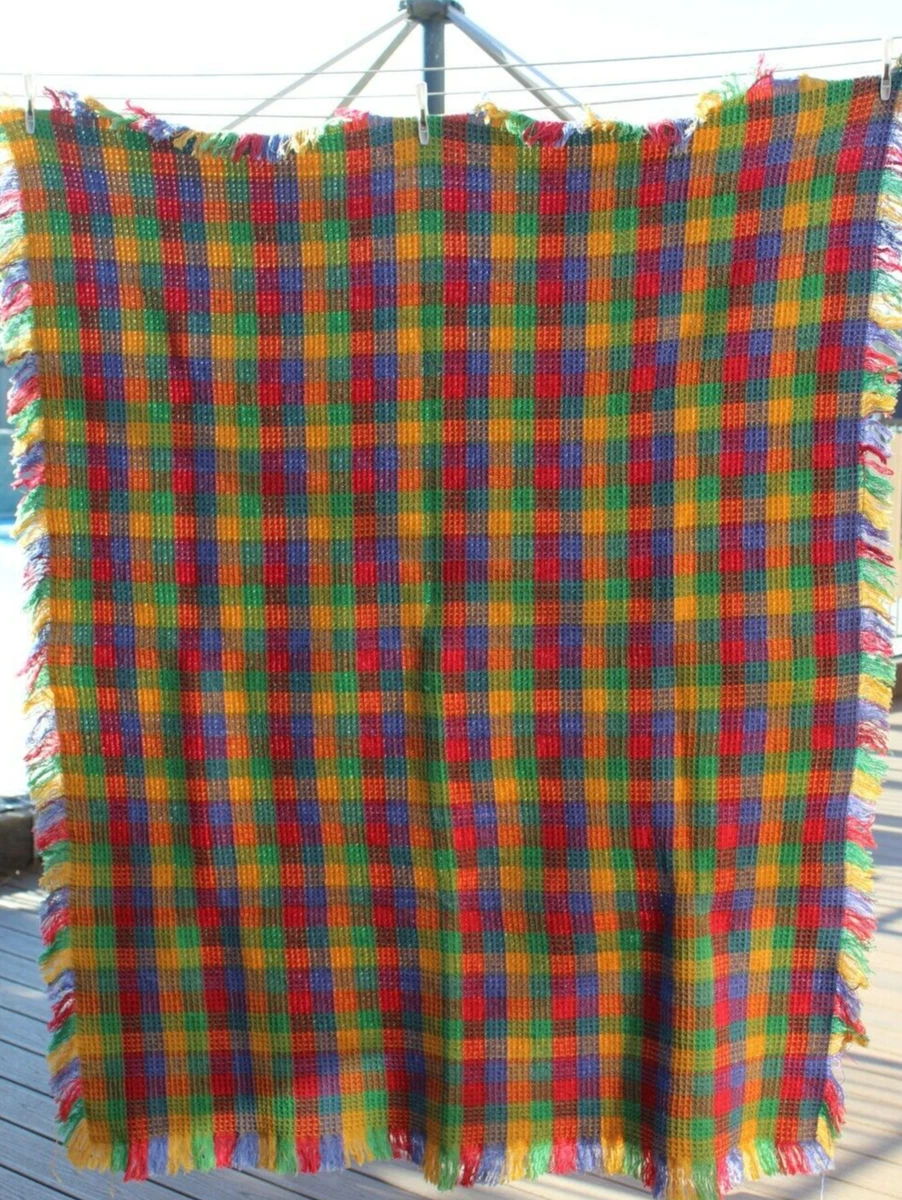 Fringe Waffle Knit Rug 155x125cm Rainbow Stripe Cotton Handmade Thick Warm Retro