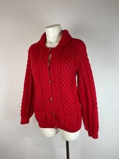 VTG Red Chunky Cable Knit Wool Fisherman Cardigan Sweater Size M, small repair