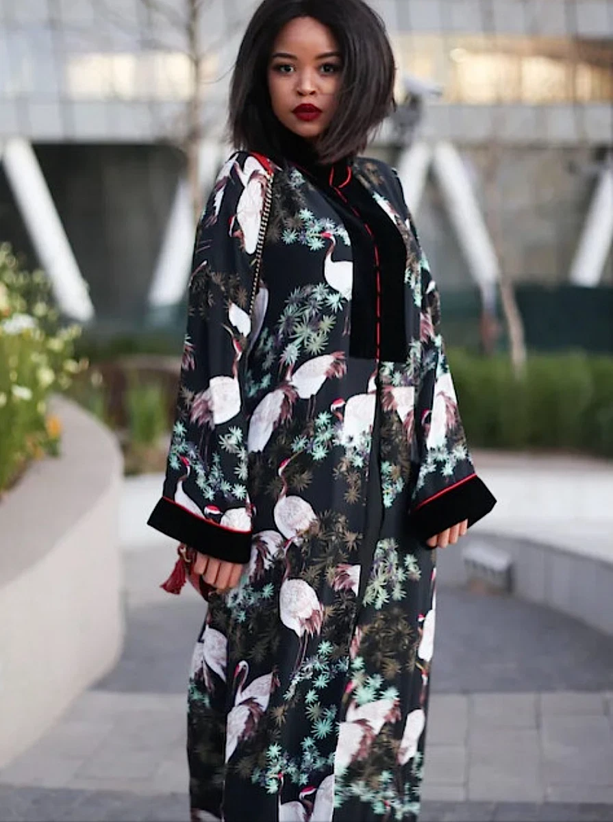ZARA Kimono Dress BIRD FLORAL PRINT Black VELVETEEN Detail S