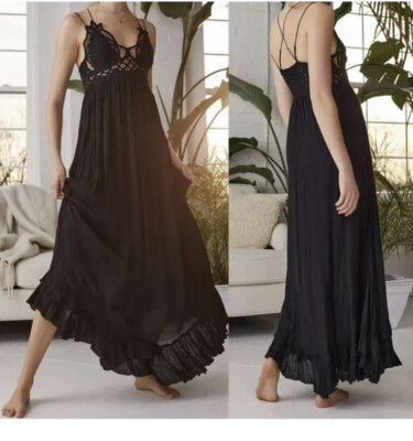 Free People Women s Adella Lace Crochet Ruffle Black Maxi Slip Dress Size XS NWT