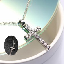 Crystal Cross Pendant Necklace Silver Plated Chain Womens Jewellery Jesus Gift