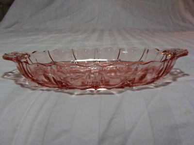 Pink Glass Divided Serving Dish With Handles And Scalloped Edge