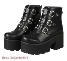Women Chunky High Heels Platform Buckle Punk Gothic Ankle Boots Shoes