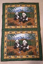 Handmade Quilt Panda Family Pandas  Green Bamboo Border Green Back 67x43"