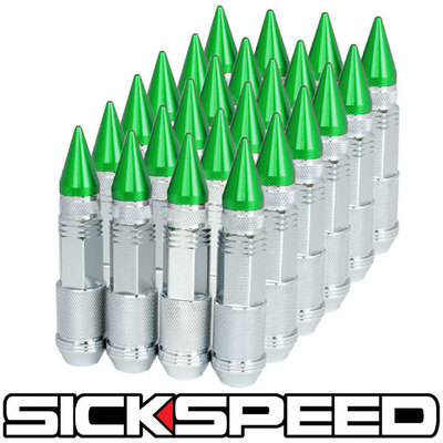 SICKSPEED 24 PC CHROME/GREEN SPIKED STEEL EXTENDED OFF ROAD 80MM LUG NUTS 1/2X20