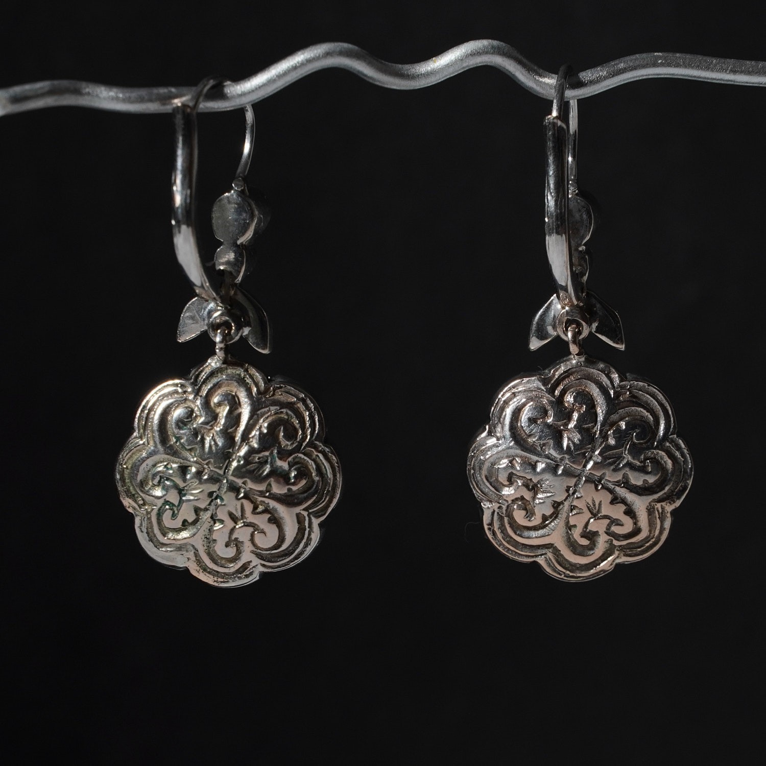 Vintage Solid Opal Diamond Flower Drop Earrings 9… - image 9