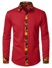 Men's Kente Print Long-Sleeve Button-Down Dress Shirt African Attire Tribal G...