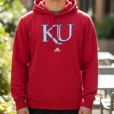 Adidas Kansas Jayhawks KU Pullover Hoodie Red Mens NCAA Fan Gear Applique Logo