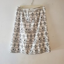 Loft Linen Blend Skirt Embroidered Ivory Black Lined Size 8