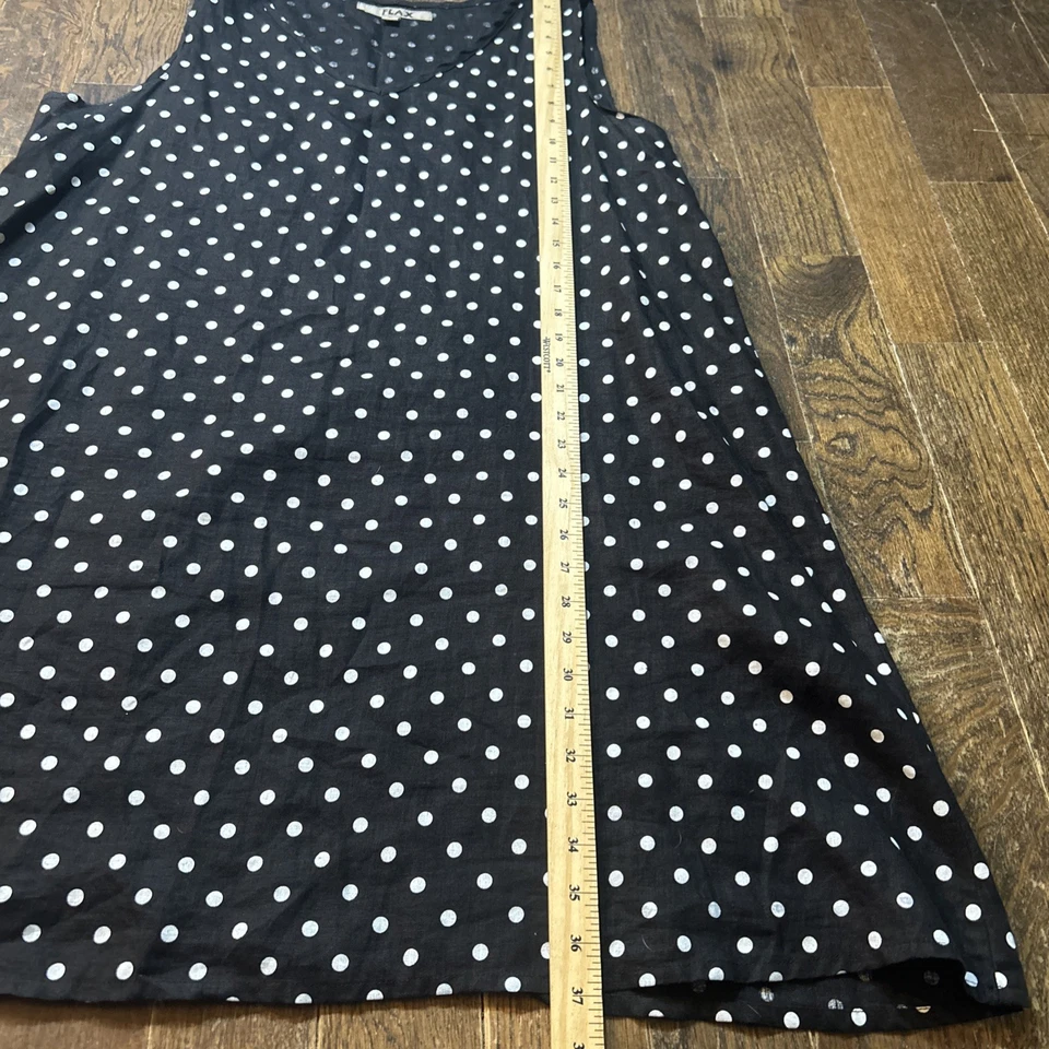 Vestido recto lino 100 % lino talla GRANDE negro ~ blanco punteado sin mangas cuello en V Foto 3 de 4