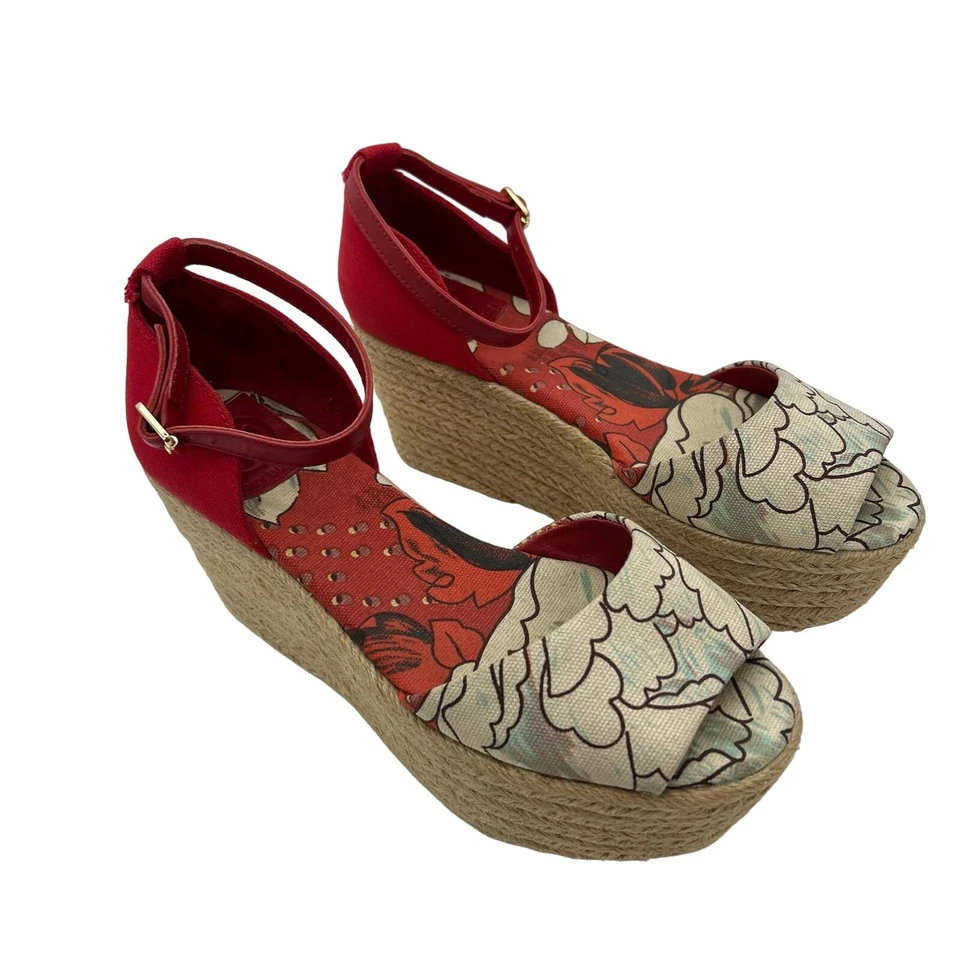 Sandalias Tory Burch Plataforma Cuña Alpargatas Rojo Floral Puntera Abierta | Talla: 8M Foto 2 de 4
