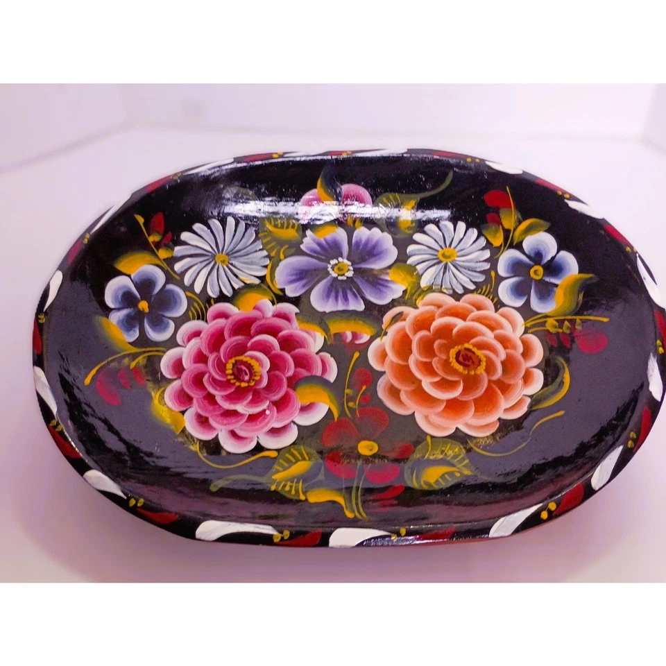 Vintage Batea Mexican Folk Art Wooden Hand Painted Floral Lacquerware Oval Tray - Image 2 of 4