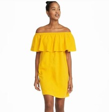 Old Navy Linen Blend Shift Dress Small Yellow Off Shoulder Ruffle Neck Mustard