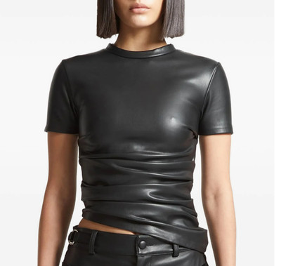 NWT Manière De Voir Faux Leather ruched t-shirt - black Sz 10 EU SZ 42 Stretchy