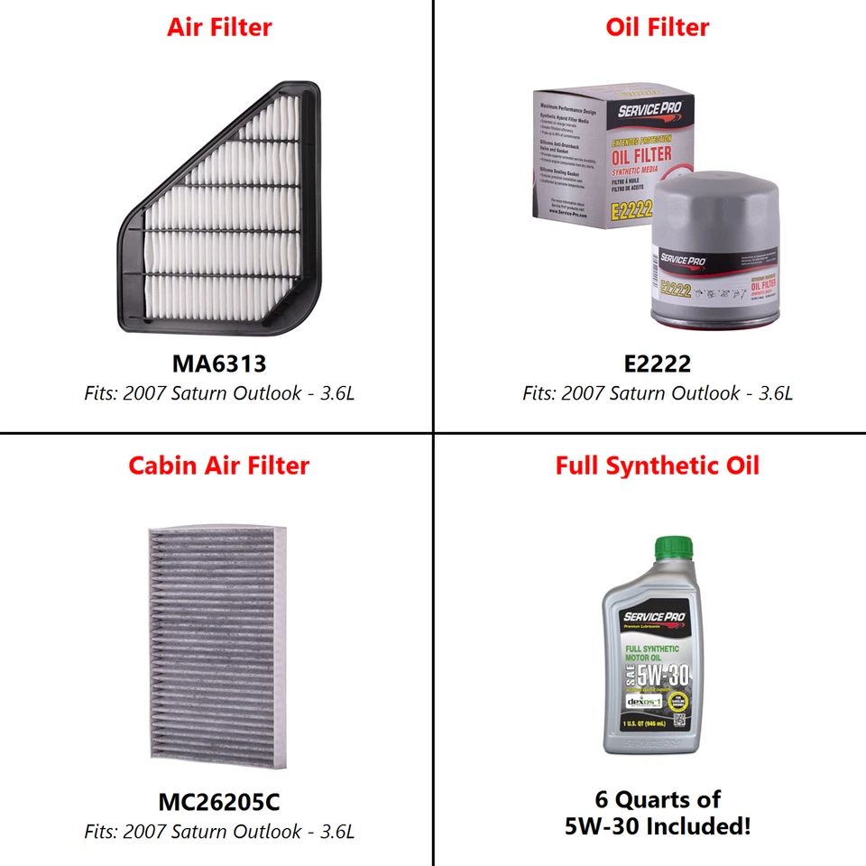 2007 Saturn Outlook 3.6L Complete Oil, Air & Cabin Filter Kit (5W-30) Foto 2 de 4