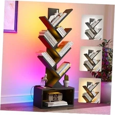 6 Tier Tree Bookshelf with Lights, LED Book Tree Bookcase with Storage Black