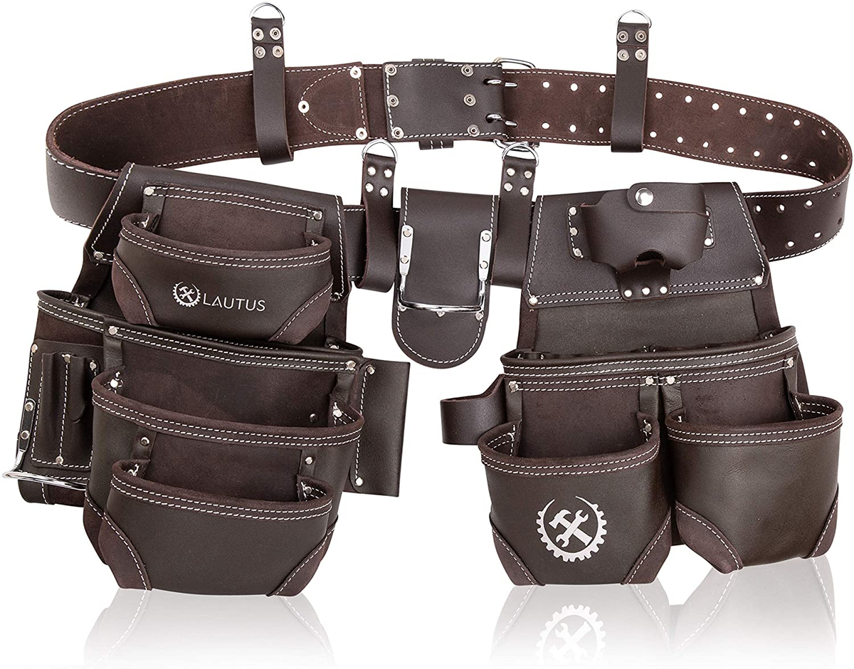 18 Pocket Leather Tool Pouch Carpenter Utility Bag Belt Storage