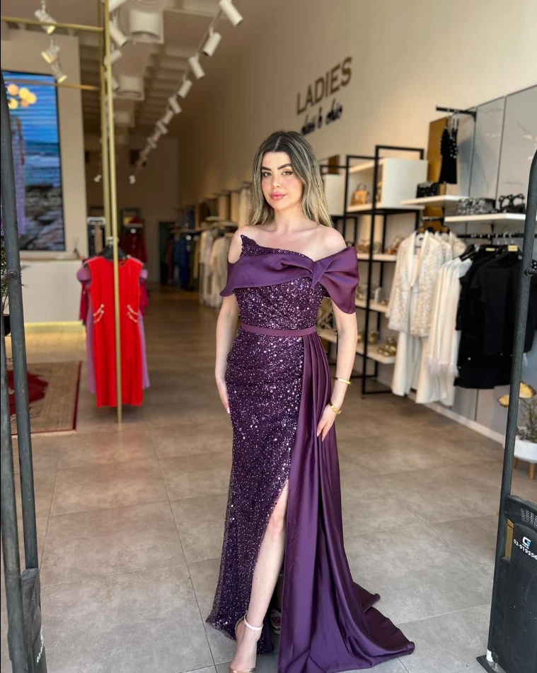 Purple Evening Dresses Party Formal Off Shoulder Sequined Split Long Prom Gowns - Image 2 of 4