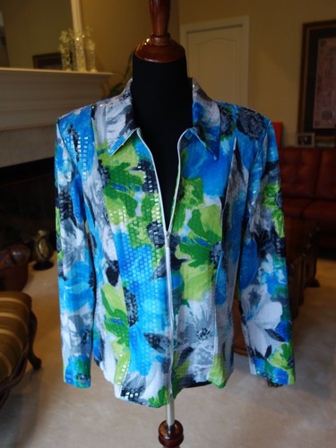 Libra Zip-Up Jacket Blue Green Black Gray Floral Shiny Jacket *Worn Once*