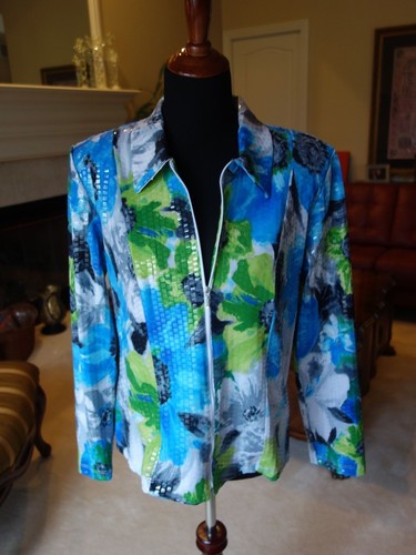 Libra Zip-Up Jacket Blue Green Black Gray Floral Shiny Jacket *Worn Once* - Picture 1 of 1