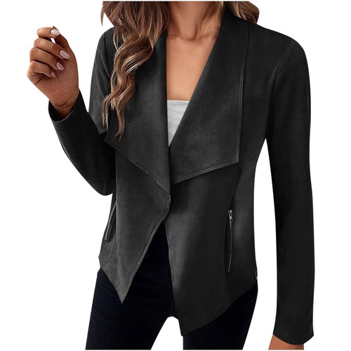 Women's Faux Suede Jackets Long Sleeve Open Front Cropped Blazer Coat Outwear - Picture 17 of 32