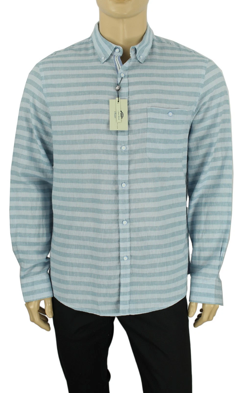 NEW MENS REPORT COLLECTION POCKET STRIPED BLUE LINEN BLEND BUTTON FRONT SHIRT L