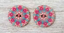 boho wood flowers sewing buttons 2 holes 1 inch  (set #1101) pink 2pc