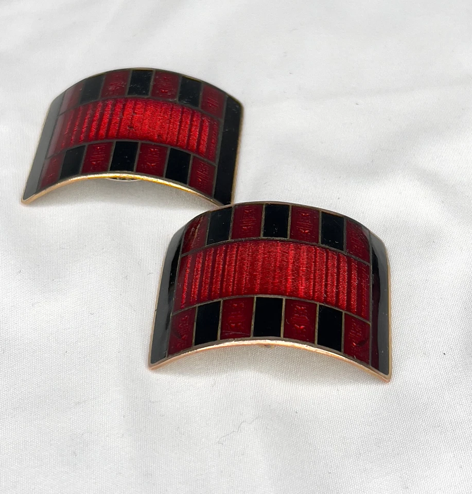 Antique 1920s-30s Cloisonné Shoe Buckles Red & Black Enamel Chic Art Deco Pair - Image 2 of 4