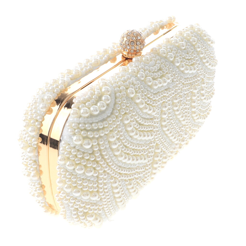 Gold Tone Metal Hardware Frame Synthetic Pearl Clutch Evening Bag