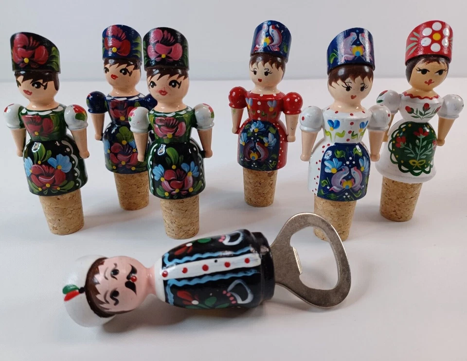 Juego de 7 tapones de vino y abrebotellas de madera pintados a mano hechos a mano Foto 2 de 4