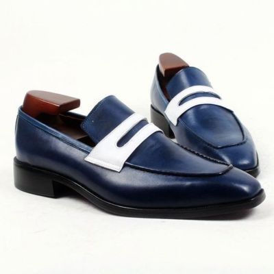 Handmade Men two tone Leather dress shoes, Men Navy blue loafer moccasins shoes | eBay Handmade Men two tone Leather dress shoes, Men Navy blue loafer moccasins shoes | eBay