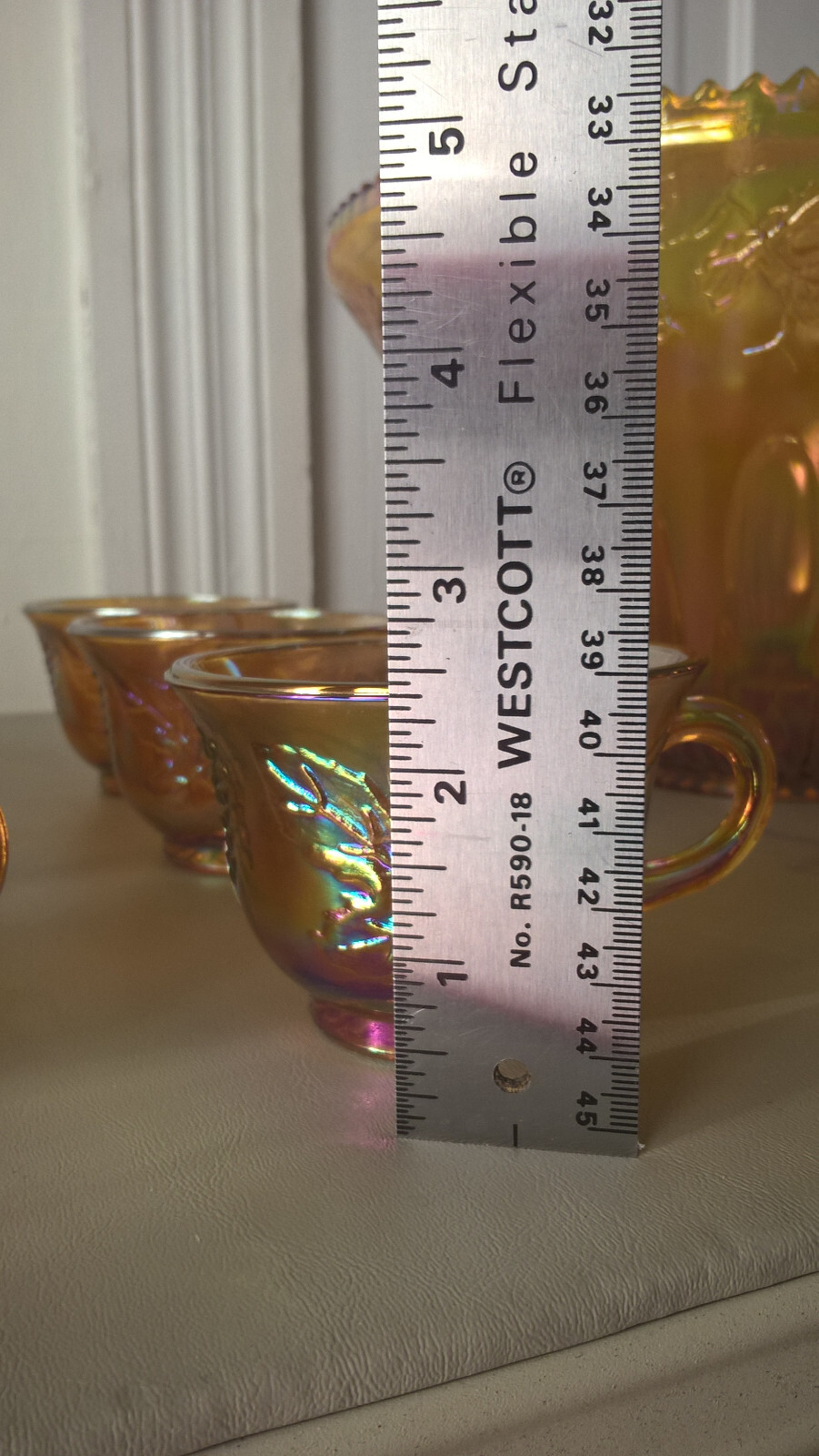 Indiana Carnival Glass Punch Bowl 12 Cups Set Grape Leaf Iridescent Gold Vintage