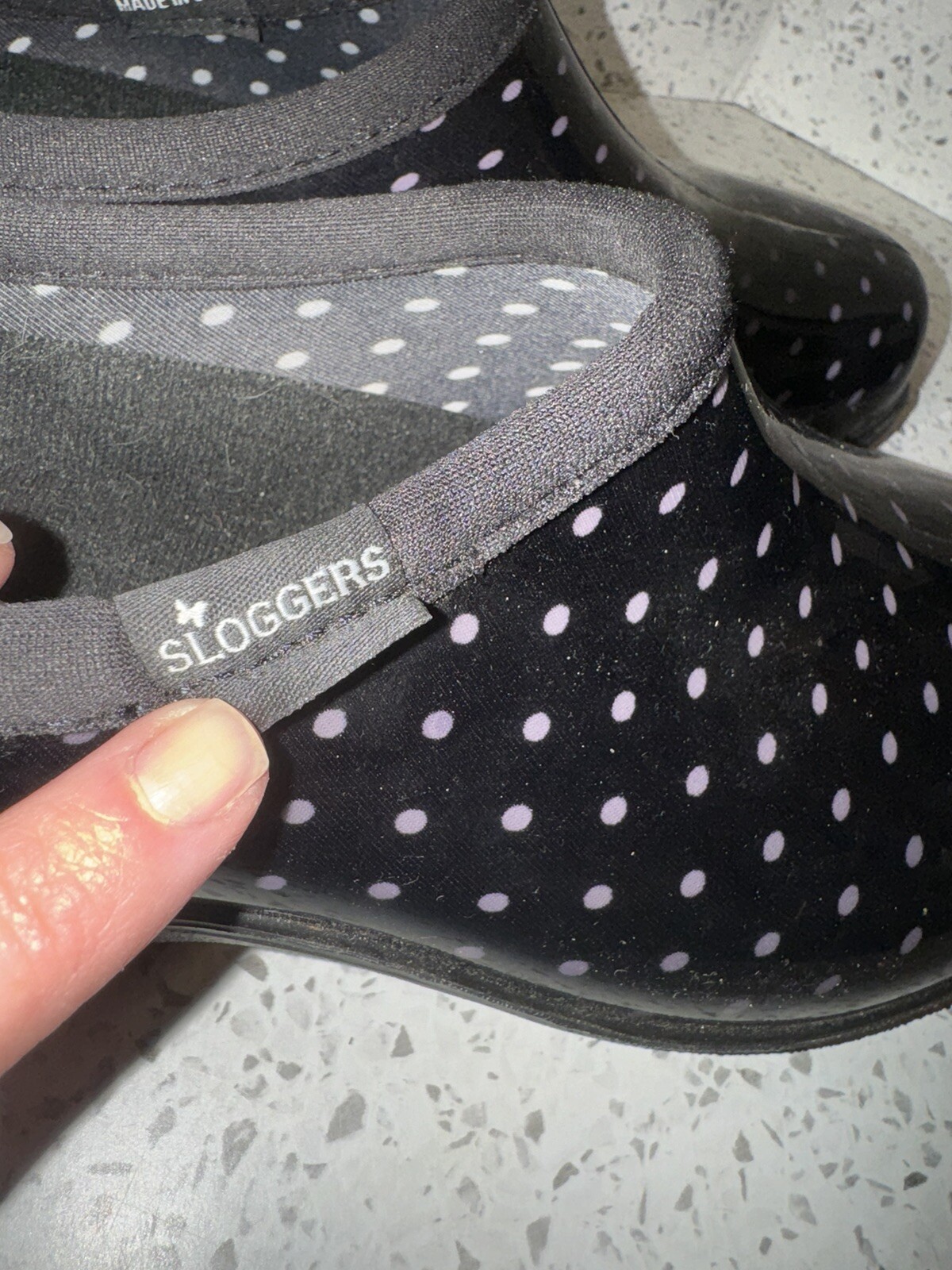 Sloggers Womens Rain Garden Slip on Clogs Black with Polka Dots Size 9