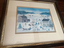 Linda Nelson Stocks 1981 “Farm In Winter” 21 x 18  Framed Matted Beautiful