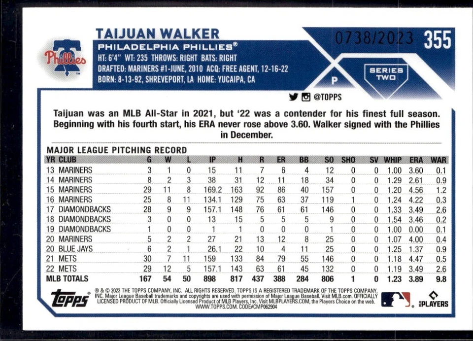 2023 TOPPS SERIES 2 GOLD #355 TAIJUAN WALKER (0738/2023) - Image 2 of 2