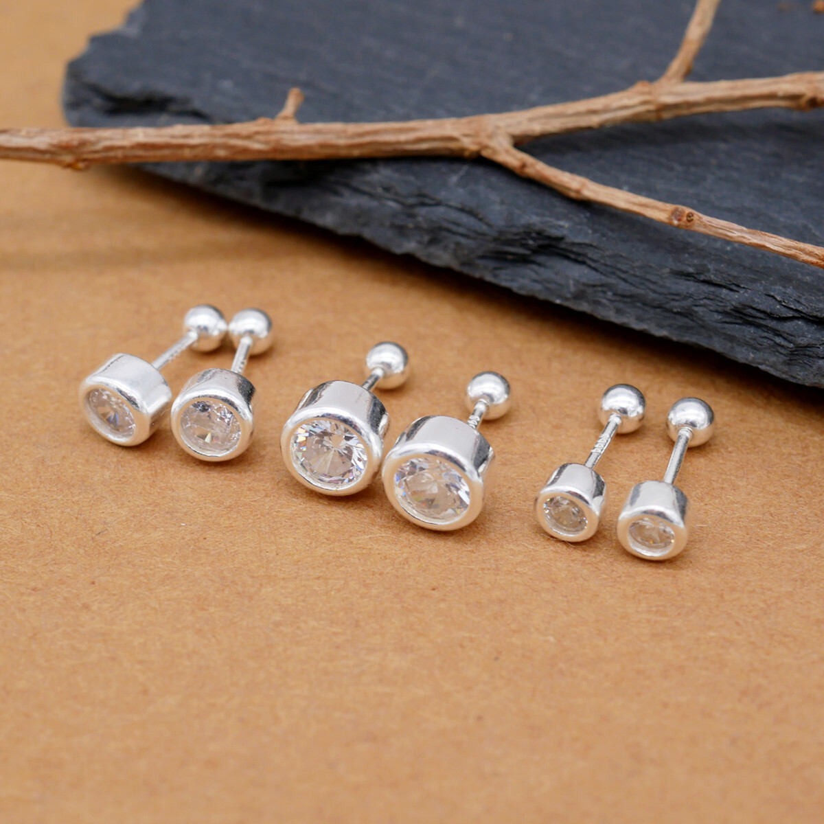 925 Sterling Silver Bezel CZ Screw Back Stud Earrings Women