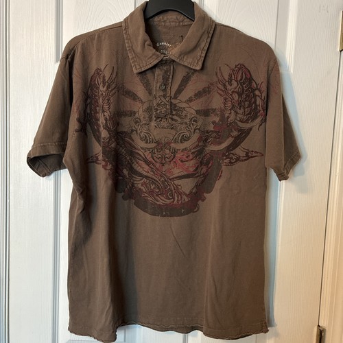 Counter Intelligence Men's Dragon Graphic Polo Shirt Grunge Y2K Brown