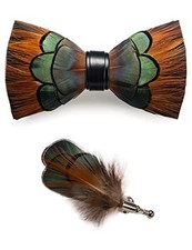 Handmade Feather Pre-tied Bow tie and Brooch Sets for Men Orange/Green