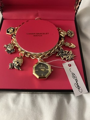 Ed Hardy Women's Gold Charm All Tattoo Design Bracelet Heptagon Watch NWT