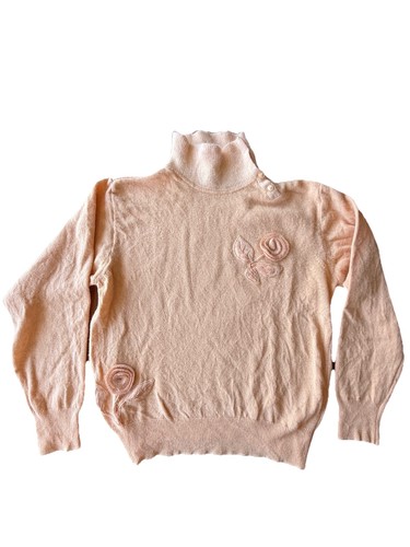 COSE DI LANA Vintage Peach Wool Turtleneck Pullover Sweater Embroidered Rose