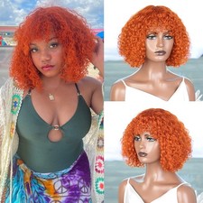 HAIR Ginger Orange Short Curly Wig with Bangs 12 inch Water Wave Human Hair W...