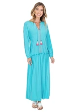 New NWT CABANA LIFE Size Medium Tunic Maxi Dress Turquoise Aqua Blue Tasseled