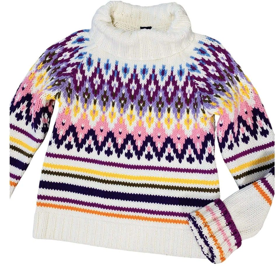 VINTAGE Y2K GAP Girls Fair Isle Turtleneck Sweater Medium 8 Colorful Chunky Knit - Image 2 of 4