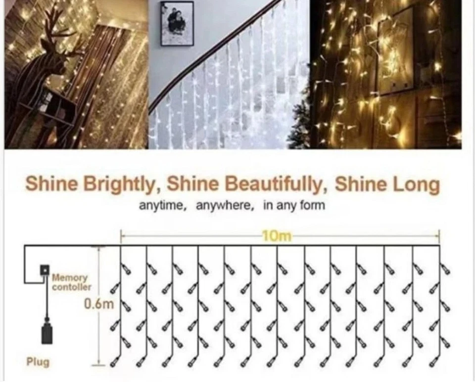 TENDA LUMINOSA 300 LED NATALIZIA BIANCO CALDO 10mt x 0,60cm PROLUNGABILE ESTERNO - Image 2 of 3