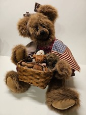 Rags A Muffin Primitive Folk Art Large Bear holding basket of small bears 19"