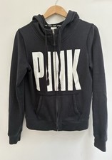 Victoria's Secret Pink Women Logo Cotton Blend Zip Up Long Sleeve Hoodie Black S