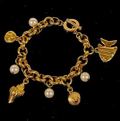 Vintage Carolee Gold Tone Links Sun Sea Life Faux Pearls Charms Bracelet
