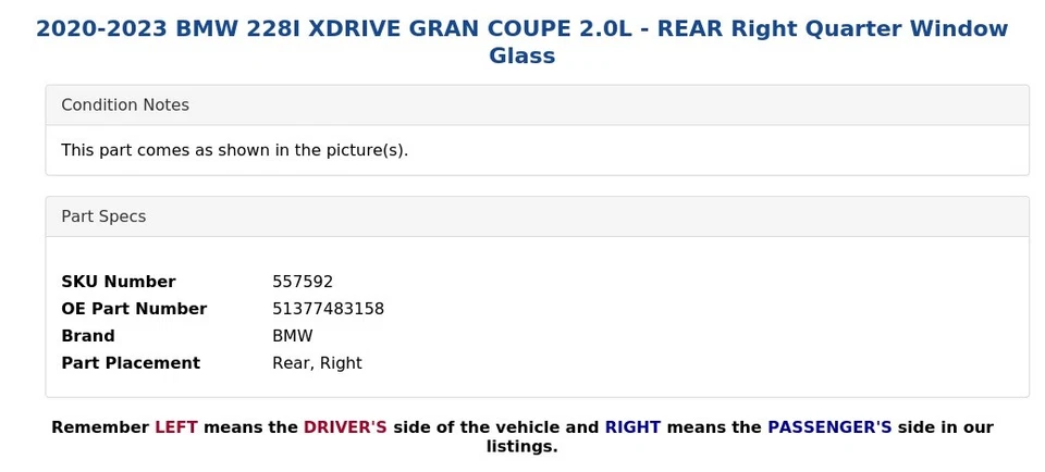 BMW 228I XDRIVE 2020-2023 gran cupé 2,0 L - cuarto trasero derecho ventana cristal Foto 4 de 4