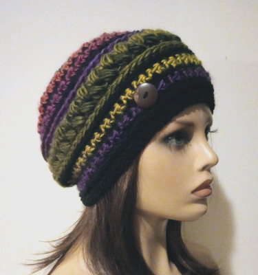 crochet handmade womans hat beanie rain forest puffs